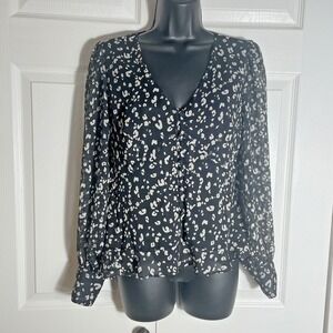 Nine West Shirt Womens Small Black White Animal Print Long Sleeve Whimsigoth Top